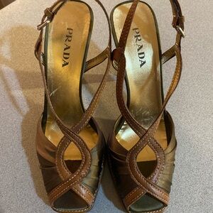 Prada Olive Green and Brown Strappy Heels EUC